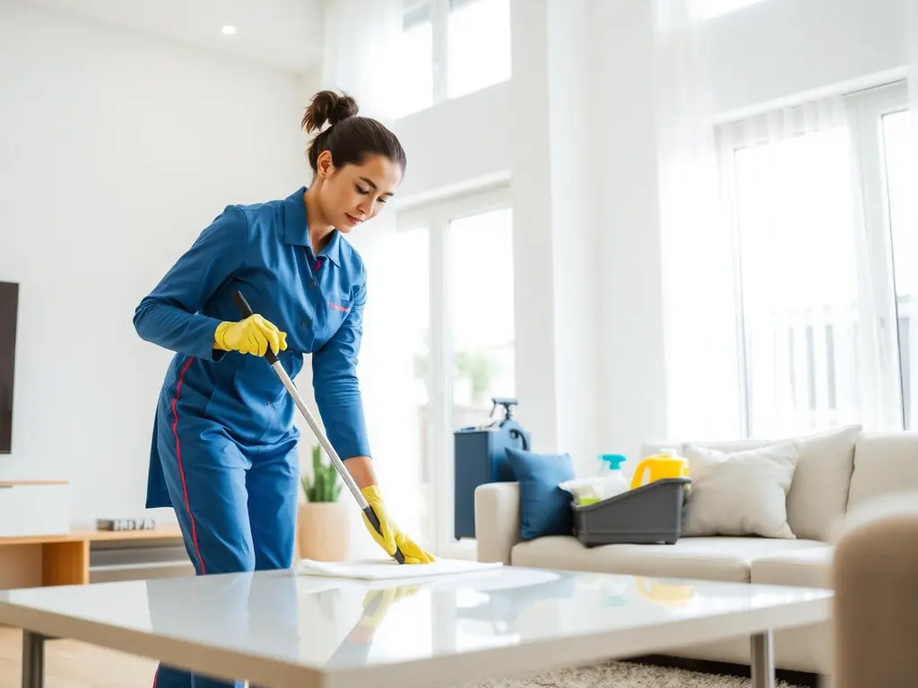 Professional house cleaner tidying a bright living room