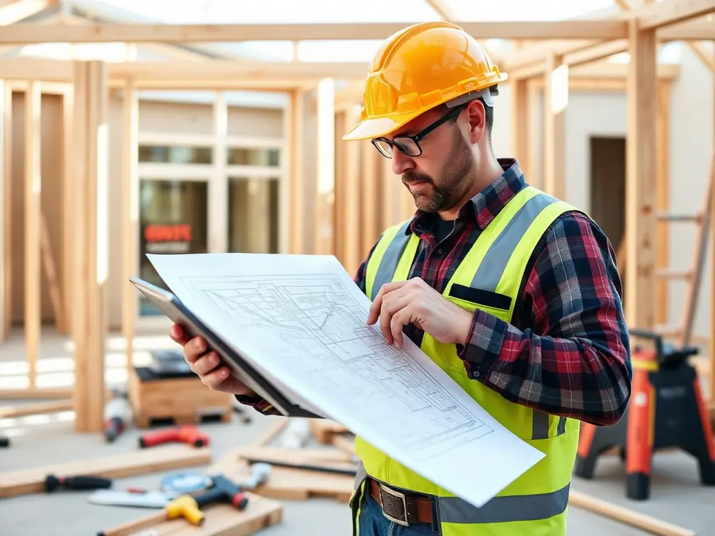 General contractor reviewing plans at a home remodeling job site