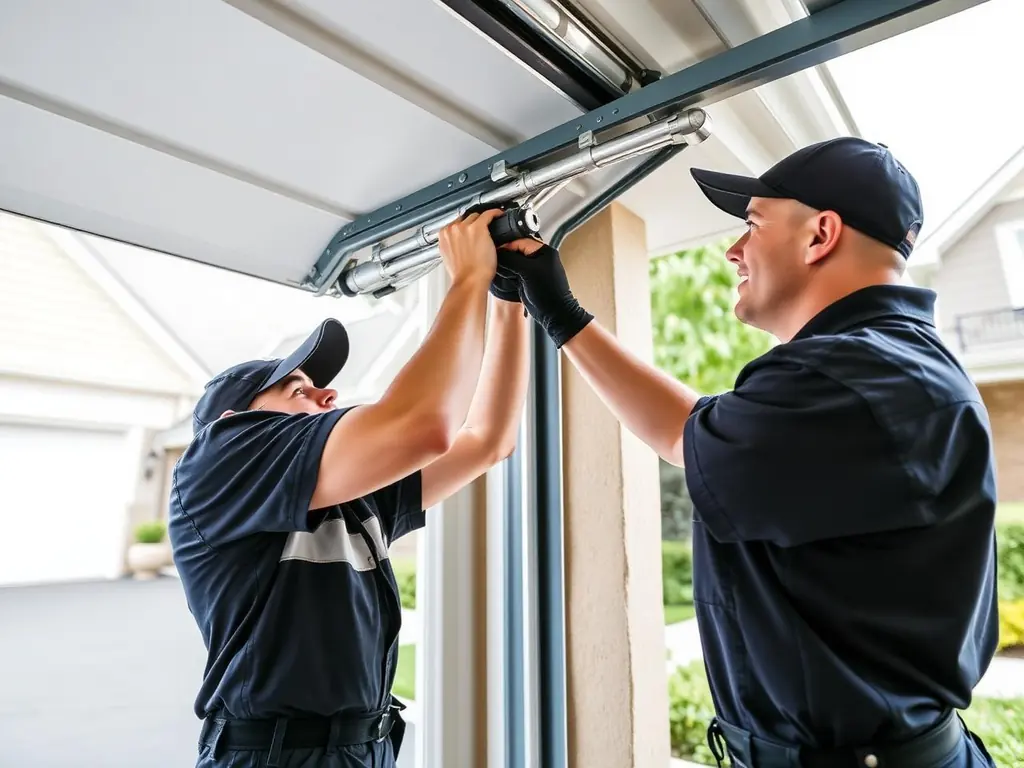 Garage door technicians installing a residential garage door