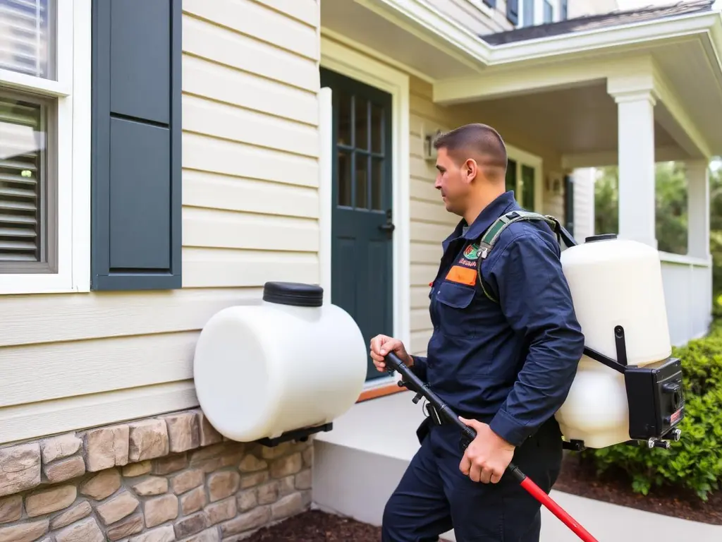Pest control technician treating the exterior of a home