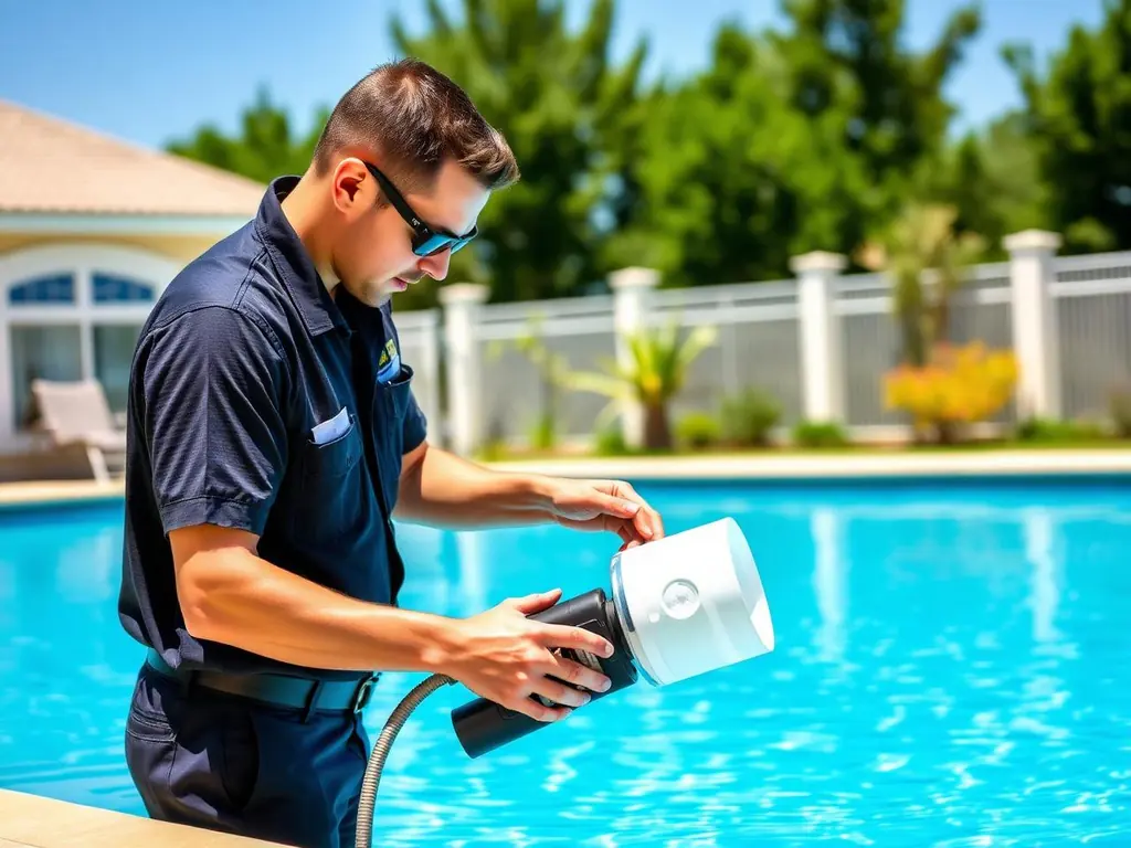 Pool service technician cleaning a residential swimming pool