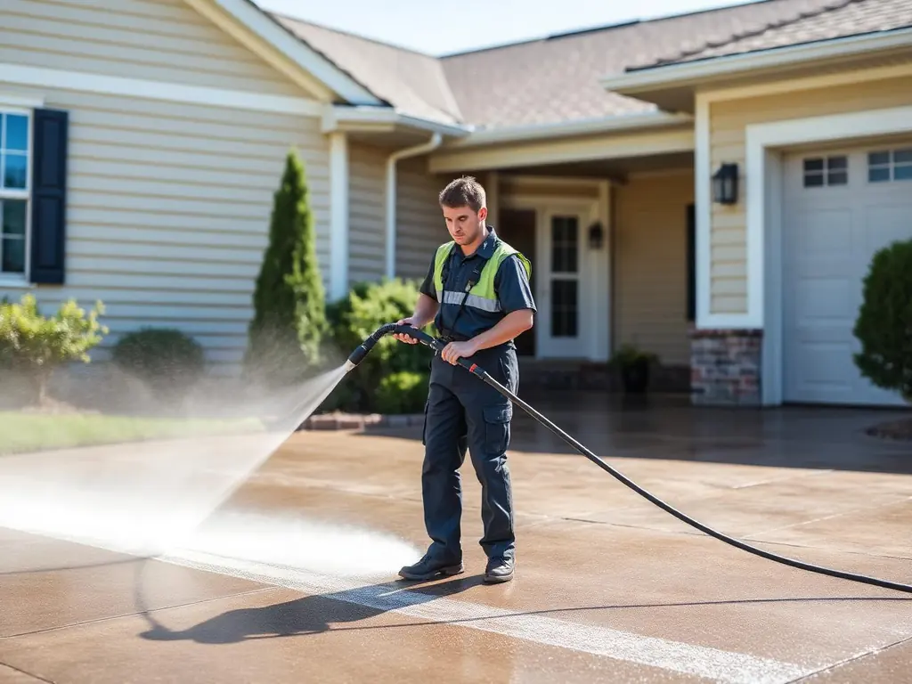Pressure washing technician cleaning a residential concrete driveway
