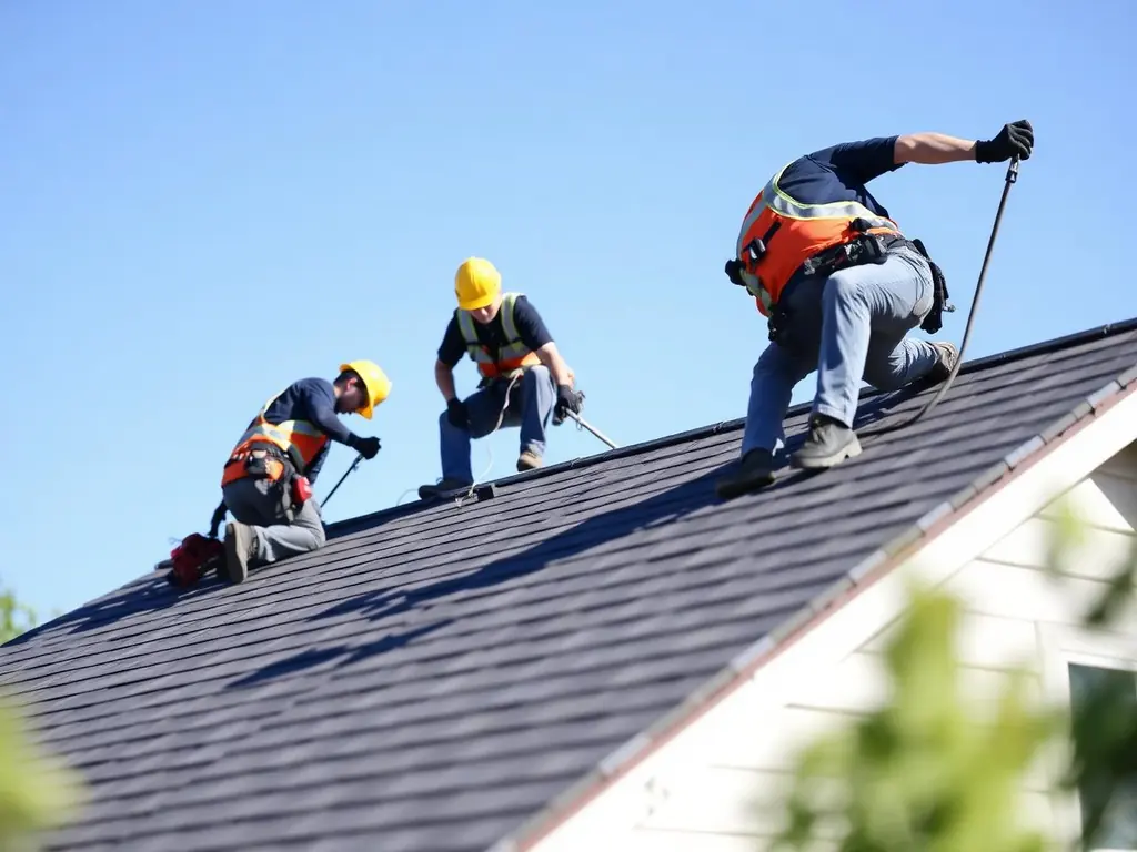 Roofing crew installing shingles on a suburban home