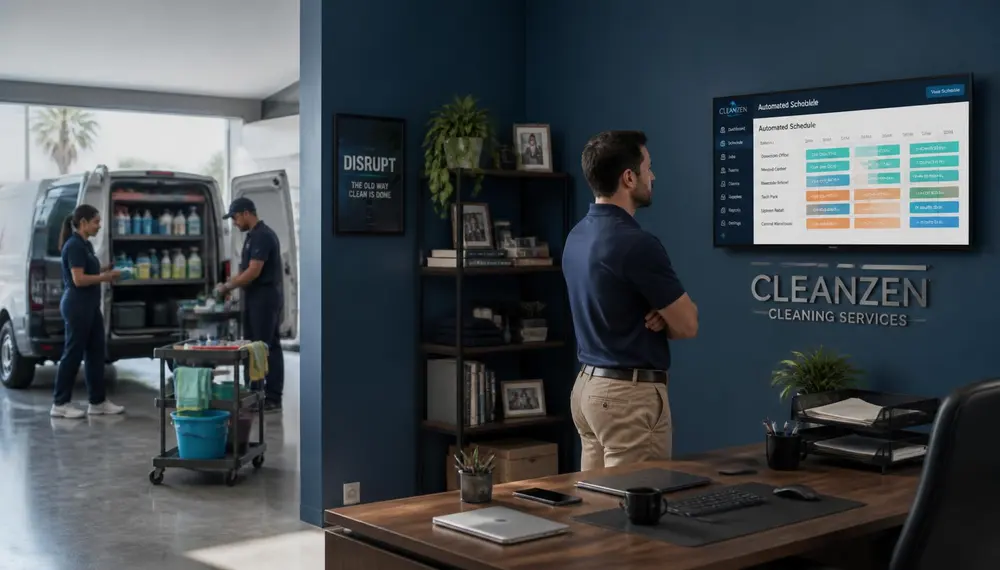 Cleaning company owner reviewing an automated job schedule as the crew loads supplies