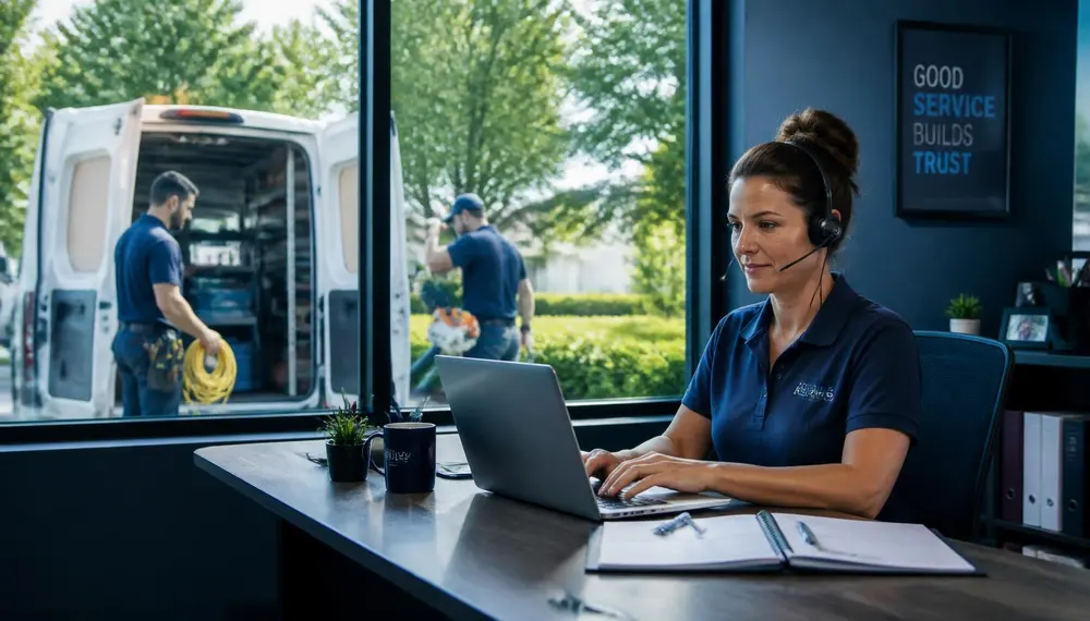 Office coordinator managing jobs while a crew loads a work van outside