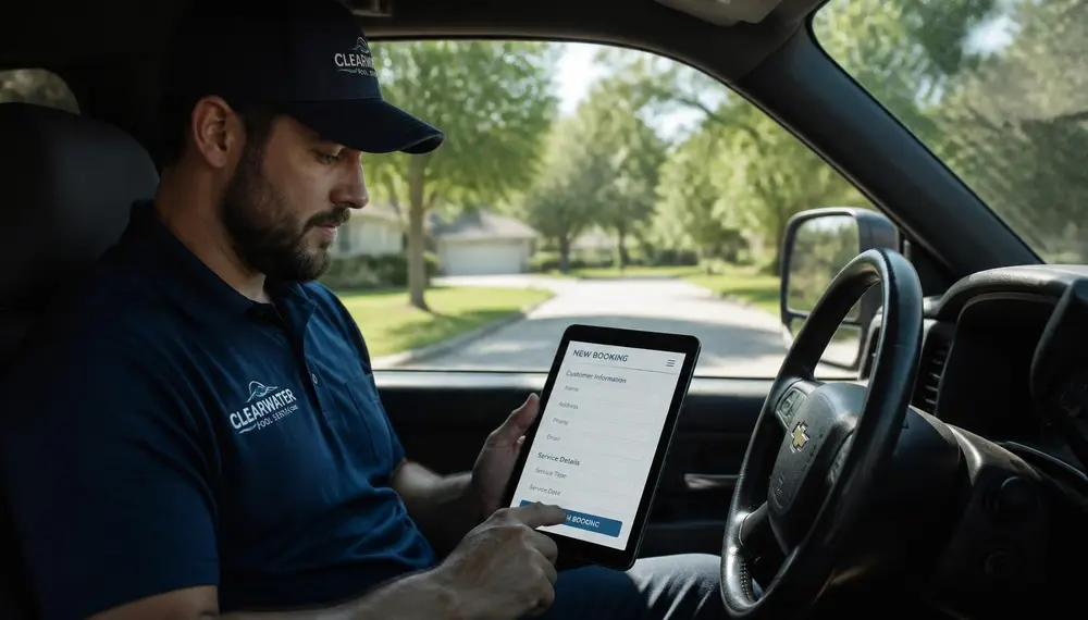 Pool service technician filling out a booking form on a tablet in his truck