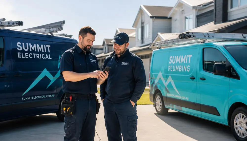 Electrician and plumber beside branded work vans in a suburban neighborhood