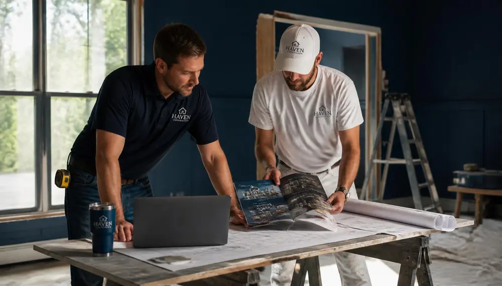 Contractor and painter reviewing marketing materials on a jobsite table