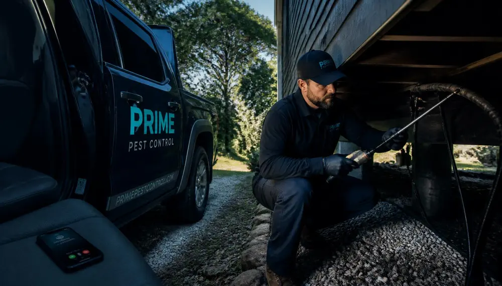 Pest control technician working while a call comes in on the phone in his truck