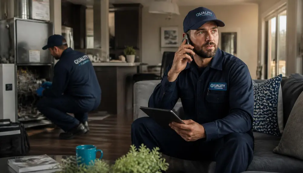Plumber taking a customer call inside a home while a technician works nearby