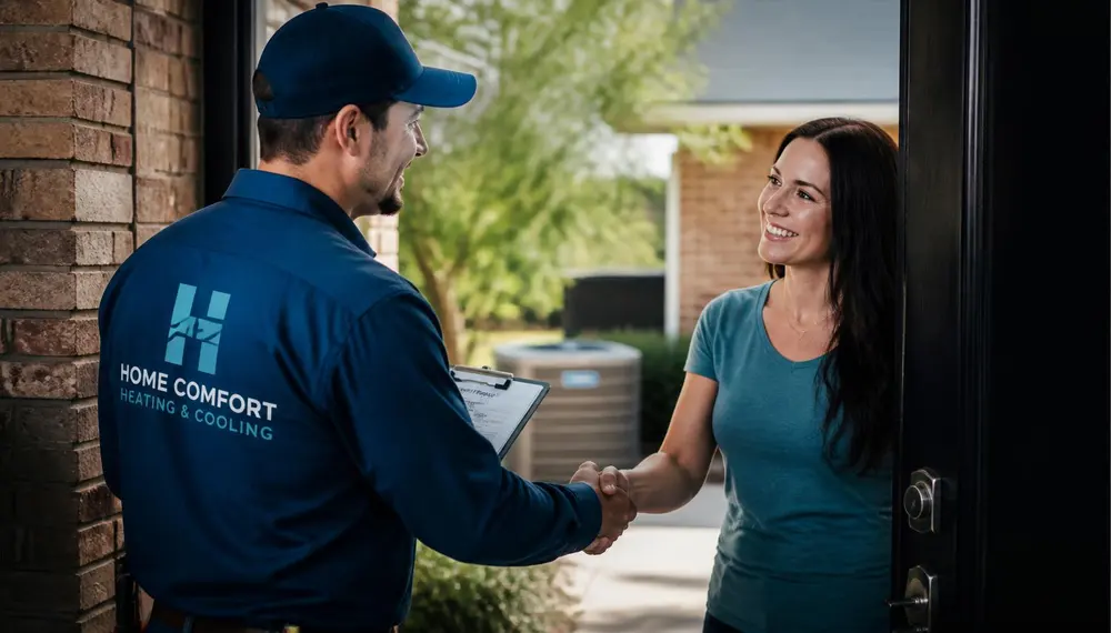 HVAC technician shaking hands with a happy homeowner after a completed job
