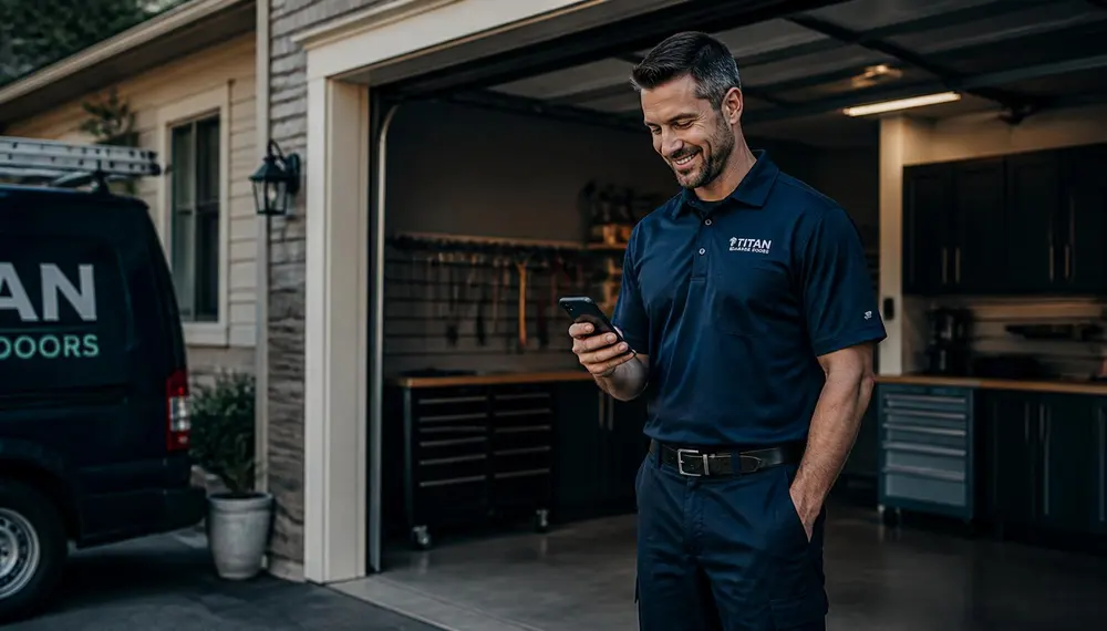 Garage door technician reading a customer text message on his phone