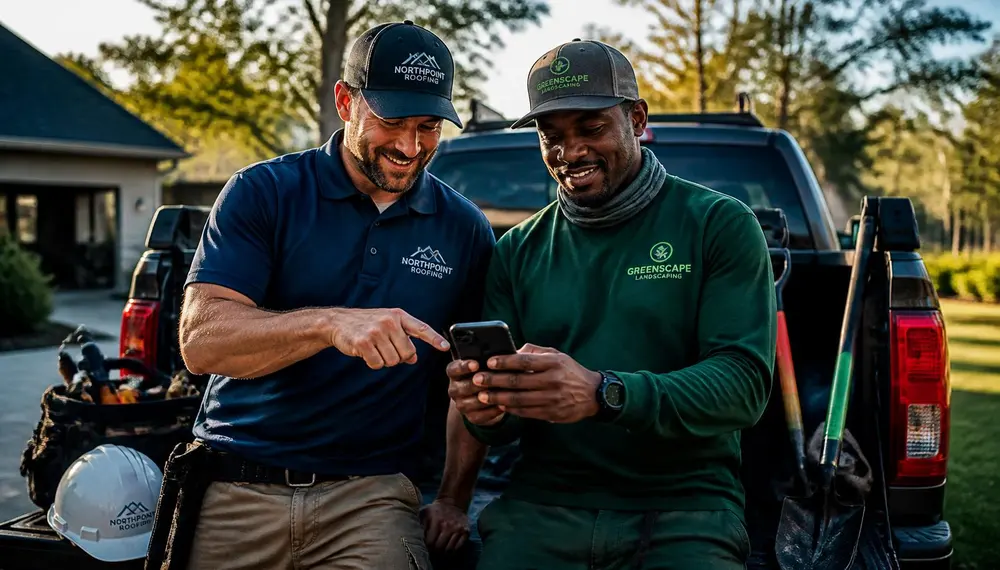 Roofer and landscaper reviewing their website on a phone at a work truck